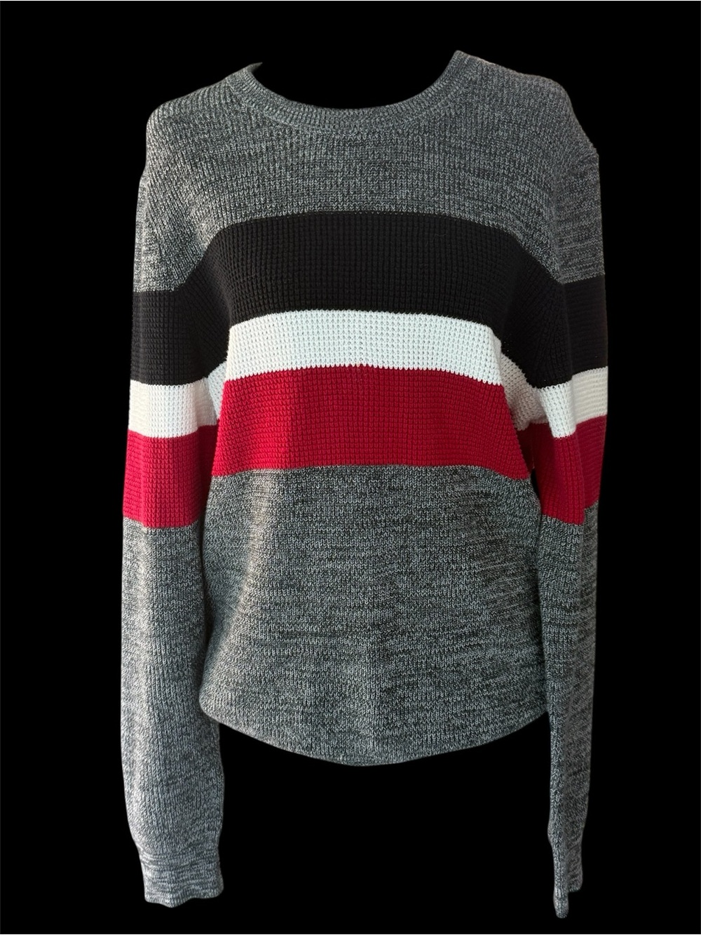 Express Men’s Medium Gray Black Red Striped Crewneck Knit Sweater Pullover
